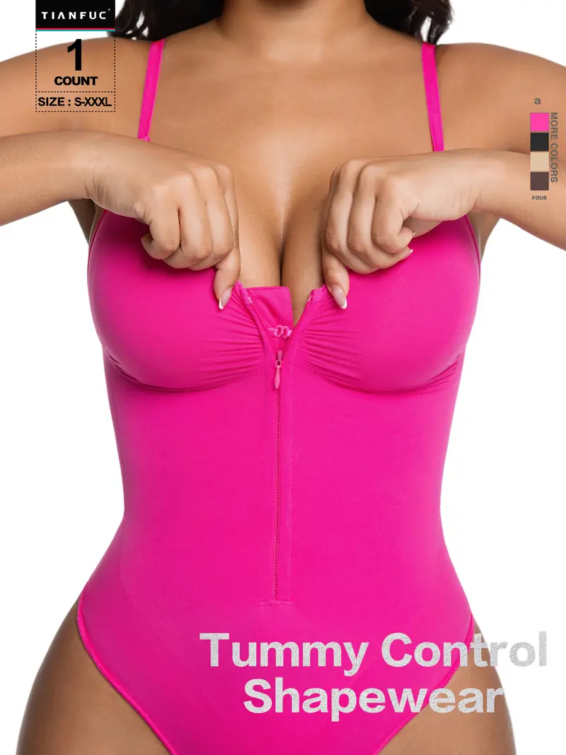 Women's Seamless Shapewear Bodysuit, Front Zipper Design, Tummy Control Thong Style, All Seasons Wearable, Comfortable Fit