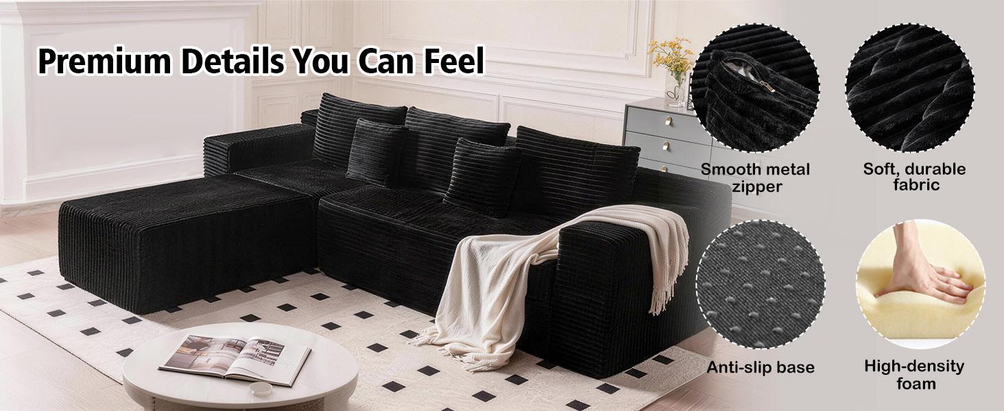 107" Boneless Modular Sectional Sofa, L-Shaped Cloud Couch with Deep Seat & High Backrest, Corduroy Couch Memory Foam Sectional Couch, No Assembly Required for Living Room Apartment  L-Shaped Modern Chenille Sofa Set