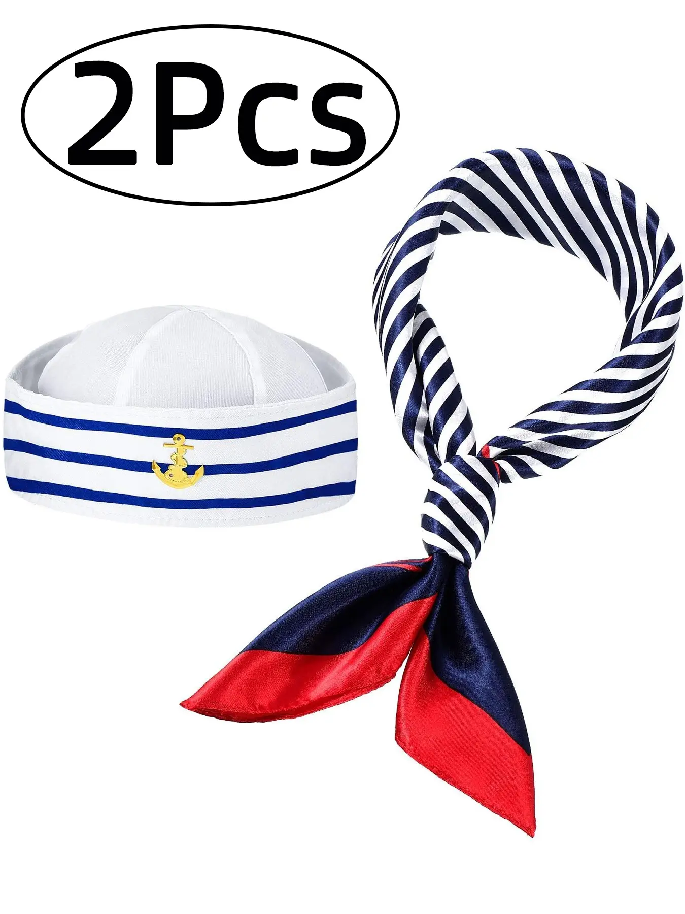 2Pcs-Sailor Hat with Anchor Design, Fitted Striped Captain Uniform Hat Perfect for Parties & Stage Performances, Nautical Style Cosplay Accessory