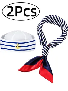 2Pcs-Sailor Hat with Anchor Design, Striped Captain Uniform Hat Perfect for Parties & Stage Performances, Nautical Style Cosplay Accessory