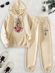 Women's Rose & Guadalupe Print Drop Shoulder Hoodie & Drawstring Waist Sweatpants Two-piece Set, Casual Fashion Cozy Breathable Two Piece Outfits for Daily Wear, Ladies Fall & Winter Clothes, Casual Loungewear Set