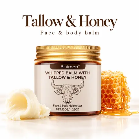 Bluimon Organic Whipped Beef Tallow & Honey Face Moisturizer Balm, 4 Oz, Skin Moisture Replenishing, Mild & Soothing Body Butter