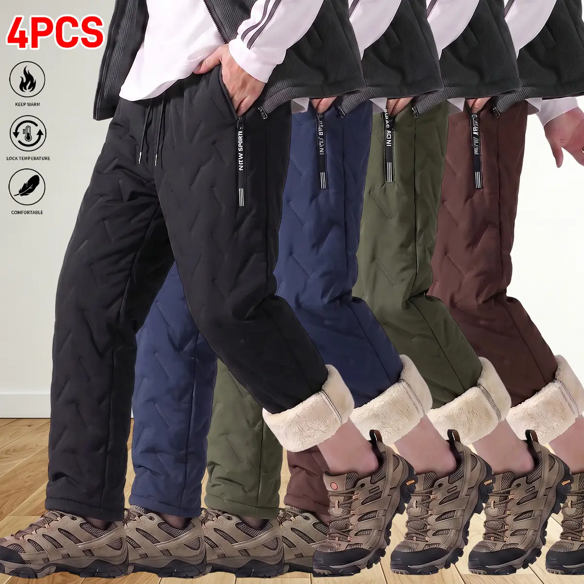 Men's solid sherpa lounge pants, drawstring waist, side pockets – for work, travel, home – 100% polyester fleece, soft & warm – cozy, relaxed style.