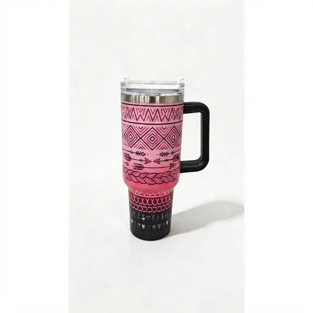 Gradient Pink Tribal Arrow 40oz Insulated Travel Tumbler with Leakproof Lid & Heavy-Duty Handle – Maximum Cold & Heat Retention for Gym, Outdoor Adventures, Camping – Unique Practical Gift for Him & Her