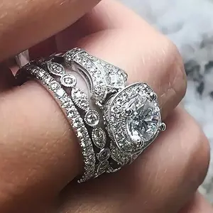 3-PieceLuxurious Ring Set With Sparkling Cubic zirconia Elegant Stacked Engagement And Wedding Jewelry Set, Shiny Halo Design, Sexy & Professional Style