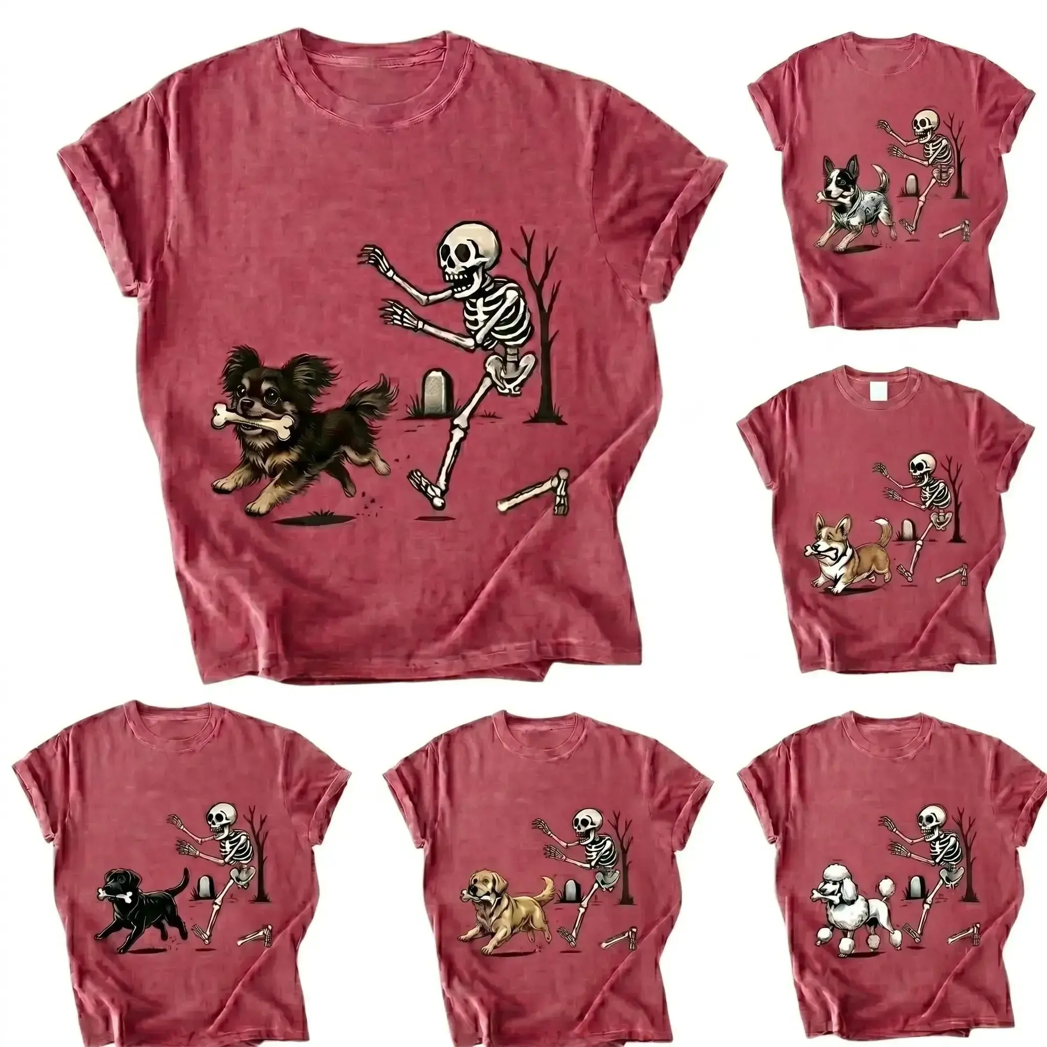Custom Comfort Colors Crimson  50+ Dog Breeds Halloween Skeleton T-Shirt, Personalized Spooky Season Dog Lover Tee, Funny Skeleton Dog Graphic Shirt, Halloween Gift for Pet Parents, Custom Breed Apparel for Women & Men