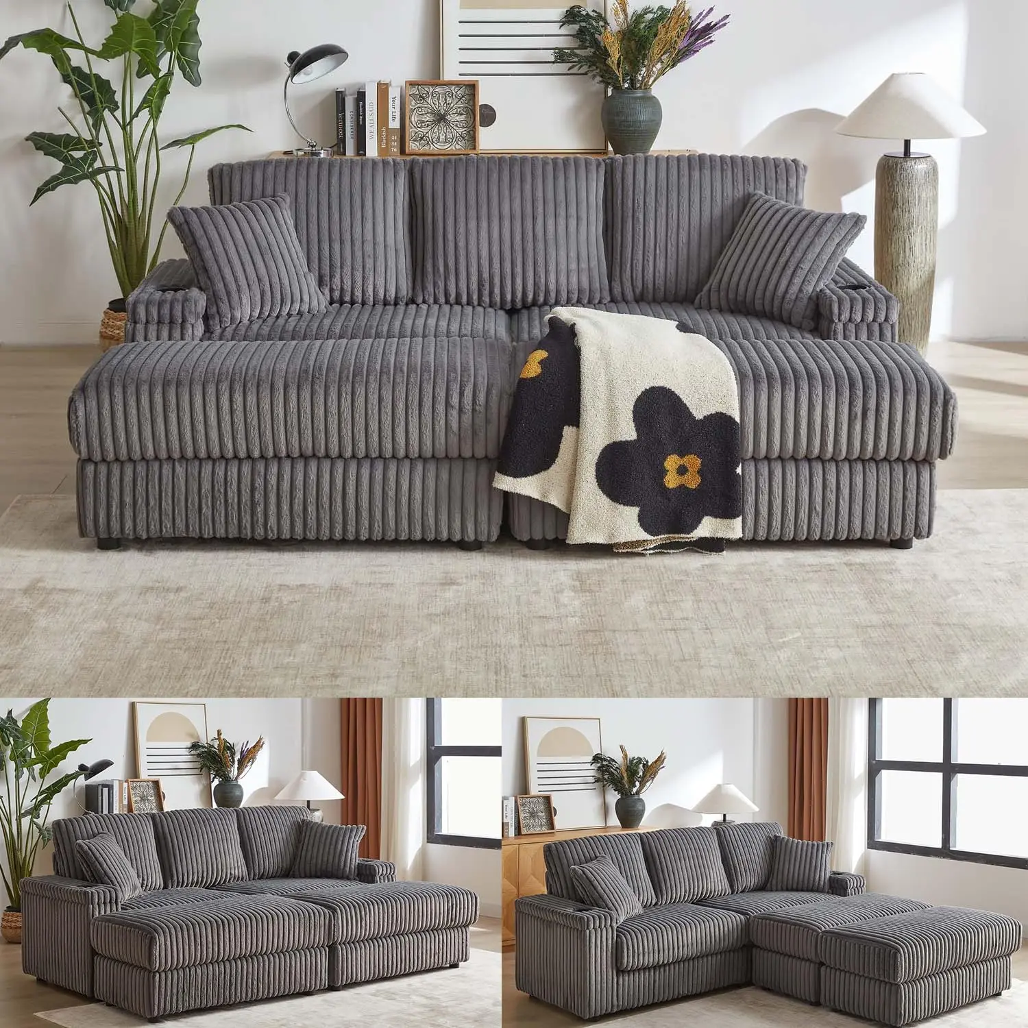 84" 3-Seater Corduroy Sectional Sofa with Storage Ottoman, Modular Deep Seat Couch with Cup Holder & Pillows, Boneless Design for Living Room, Apartment and Bedroom (Grey）
