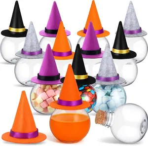 12 Pcs 13.5 oz Spherical Plastic Potion Bottles with Hat Ball Shape Round Bottles for Drink Candy Jar Halloween Table Decoration DIY Crafts Gifts (4 Colors)