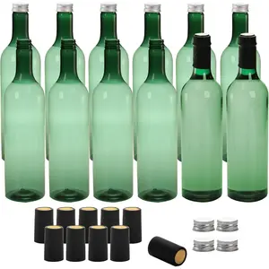 12 Pack Plastic  Bottles, 750ml Empty Bordeaux-Style  Bottle, Green Long   Bottles with Screw Lid and Shrink Capsules Caps