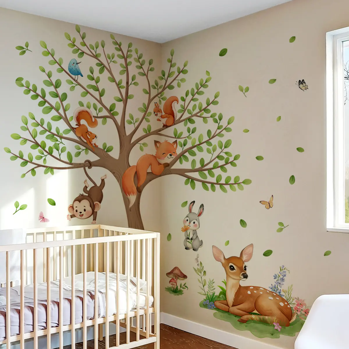 A set (30*90cm*3pcs) of large tree, squirrel, monkey, and fawn Decorative Stickers for decorating home, living room, entrance hall, corridor, bedroom, and bathroom background walls. Model: M13544