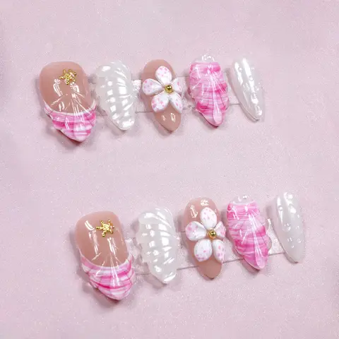 Handmade 3D Flower Press-On Nails, Reusable Full Cover False Tips with Easy Nail Art DIY Manicure Kit, S/M/L Sizes, Fashion Unisex, Reuse for Events