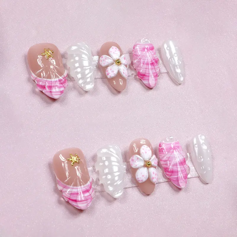 Handmade 3D Flower Press-On Nails, Reusable Full Cover False Tips with Easy Nail Art DIY Manicure Kit, S/M/L Sizes, Fashion Unisex, Reuse for Events