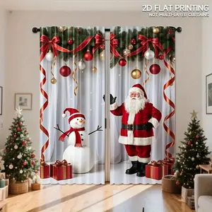 Christmas Door Curtains Set, Santa & Snowman Print Polyester Fabric, Holiday Decorations, Perfect Gift Choice, Home Decoration Curtain