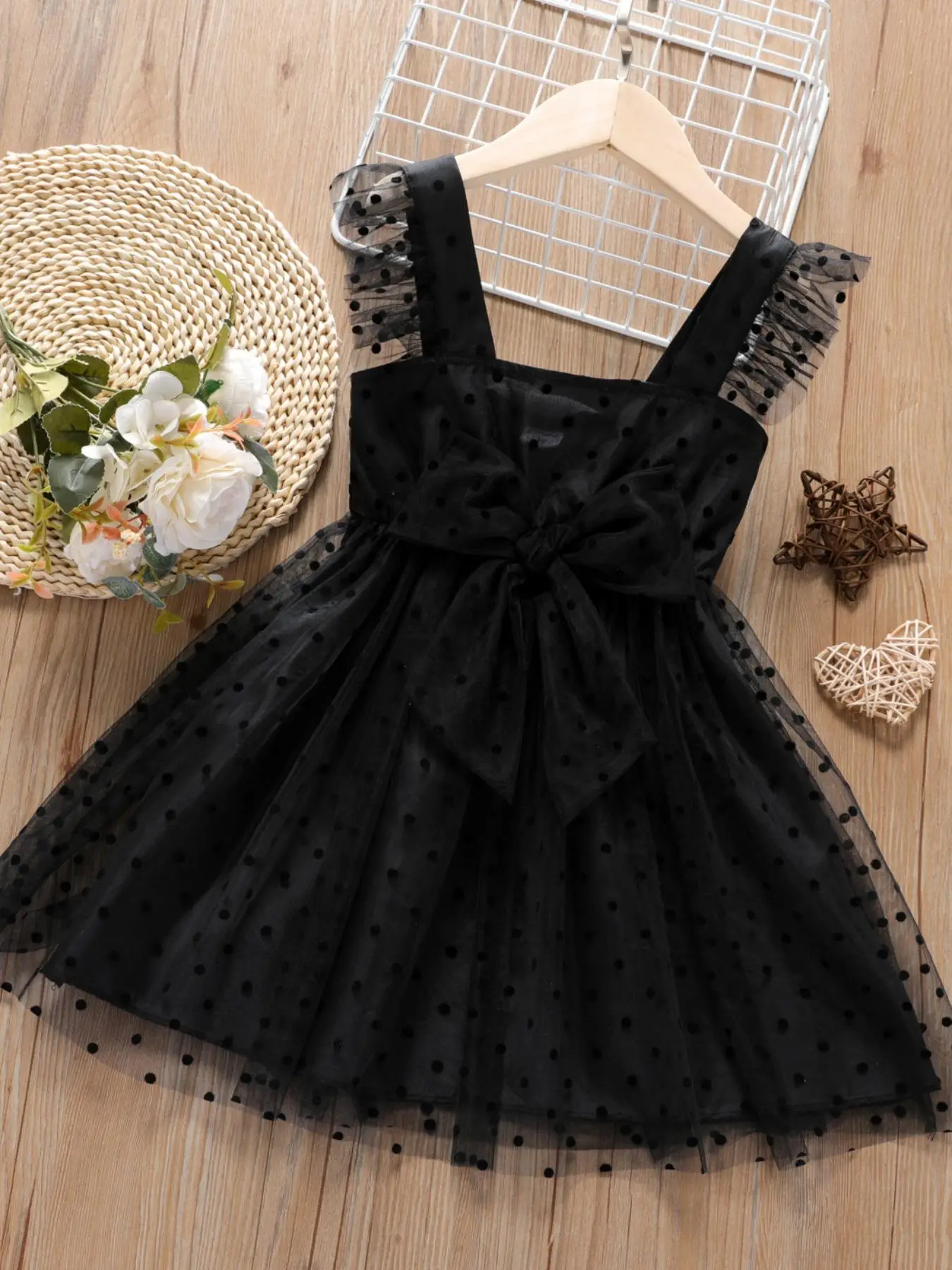 Toddler Girl's Polka Dot Print Big Bow Decor Ruffle Tulle Dress, Elegant Sleeveless A Line Dress for Party Holiday Wedding Guest, Kids Summer Clothes