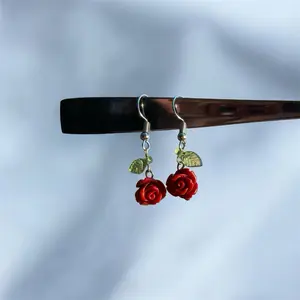 Handmade Red Rose Earrings with Silver-Tone Fishhook Ear Wires and Green Leaf Accent for Everyday Wear and Gifts