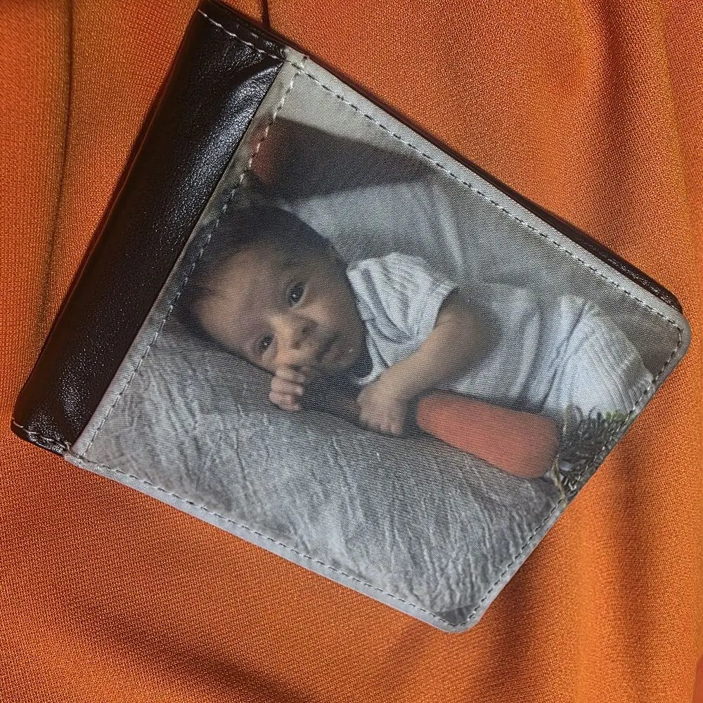 Personalized Photo Wallet with YOUR 2 Images, Black Leather, White Stitching
