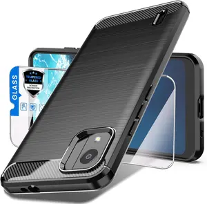 Phone Case for Nokia C110 Case with Tempered Glass Screen Protector, Shock-Absorption Brushed Flexible Soft TPU Carbon Fiber Protective Cover for Nokia C110 (LS-Black)