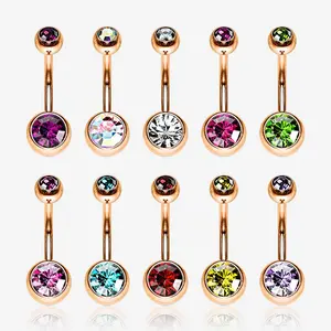 Rose Gold Assorted Color Gem Ball Steel Belly Button Ring Set - 10 Pieces, 316L Stainless Steel, 14 GA, 5x8mm Gem Balls, Perfect for Navel Piercings