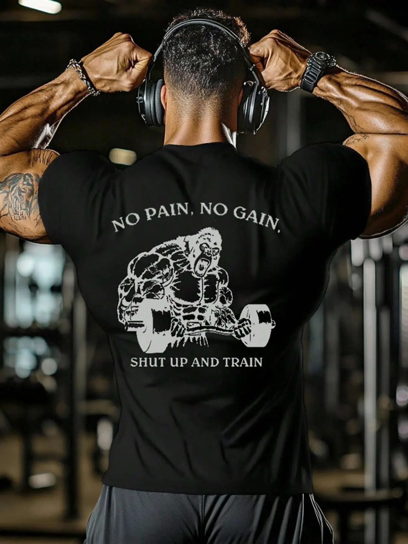 Men's Gym Gorilla Graphic Workout T-Shirt, No Pain No Gain Printed Athletic Tee, Activewear T Shirt, Workout Clothes, Quick Dry Breathable Slim Fit, Athleisure Streetwear for Training/Outdoor/Everyday Casual Wear, Pump Cover