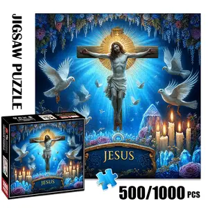 1pc 1000 piece adult puzzle 58x58cm Jesus on Cross with Doves, Candles & Flowers 500 pieces paper jigsaw puzzle suitable for DIY creative games for adults and families, birthday and holiday stress