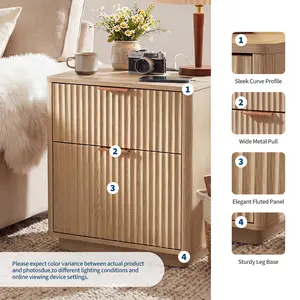 Fluted Nightstand Set of 2 with Charging Station – 23'' Mid-Century Style, 2 Drawers, Modern Curved Profile, Suitable as End Table for Bedroom & Living Room