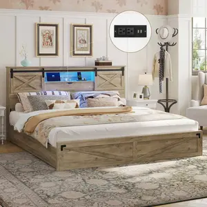 Sikaic Farmhouse Bed Frame with LED Lights Rustic Oak Design for Cozy Bedroom Decor