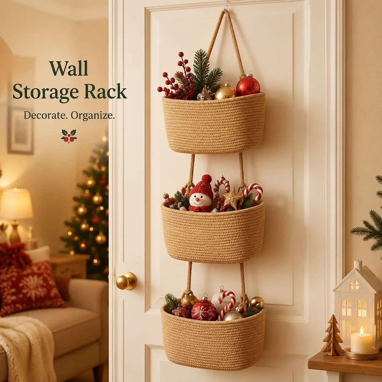 Woven cotton 3-Tier Over the Door Basket,Wall-Mounted Jute Storage Organizer in bathroom – Decorative Nursery Baskets, Perfect for Busy Mom/Dad to Store Diapers & Toys small basket Gift Hook laundry basket house organizers,Small Storage Basket, With Hook