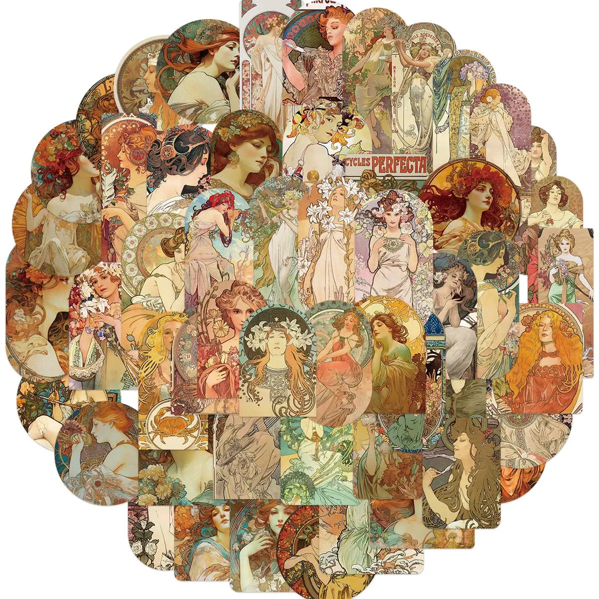 Vintage Mucha Medieval Victorian Painting Sticker, 60pcs/set Aesthetic Retro Art Sticker, Laptop Car Luggage Notebook Journaling Decal Sticker, Decorative