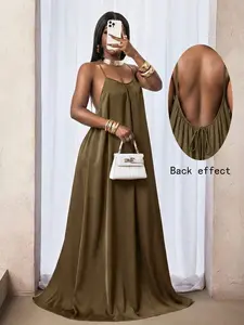 Women's Plain Ruched Backless Dress, Long Bohemian Style, Elegant Casual Daily Wear, Womenswear, Perfect Spring and Fall Choice, Everyday