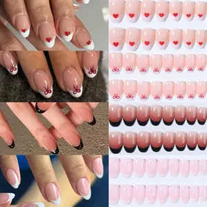96pcs Short Oval French Press-On Nails, Bow Heart Design, Glossy Acrylic Tips, Perfect for Women and Girls, Valentine's Day Use