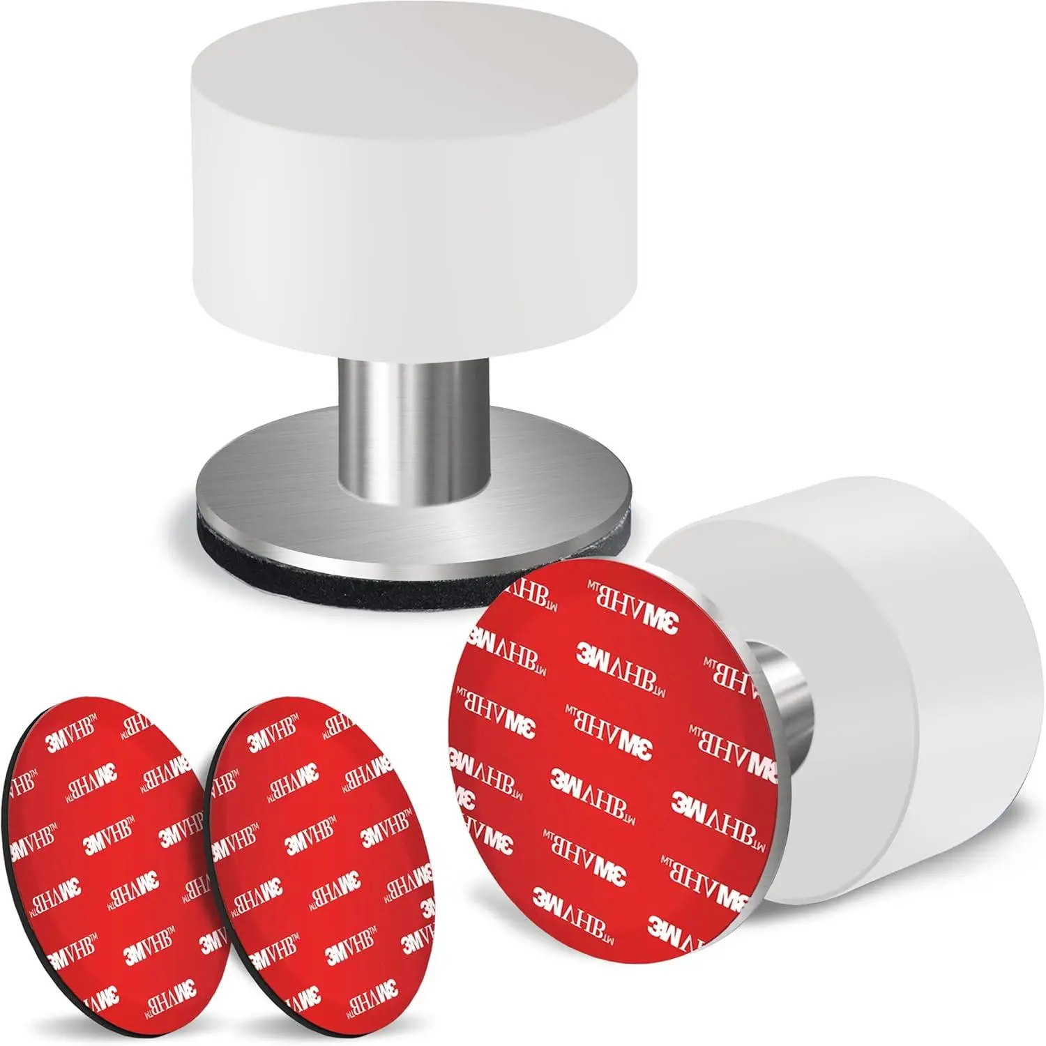 2 Pack Door Stoppers Stop with Extra Stickers  Self-Adhesive Stops Black Rubber Bumper &amp; Stainless Steel Body - Heavy Duty Knob Wall Protector Sound Dampening for Home Office Use