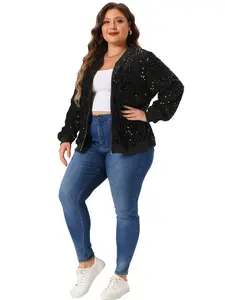 Agnes Orinda Plus Size Sequin Jackets for Women Sparkle Long Sleeve Front Zip Bomber Jacket with Pockets
