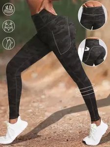 Women's Camo High-Waist High Stretch Leggings with Side Pockets, Elastic Tight-Fit All-Season Long Pants for Running and Fitness