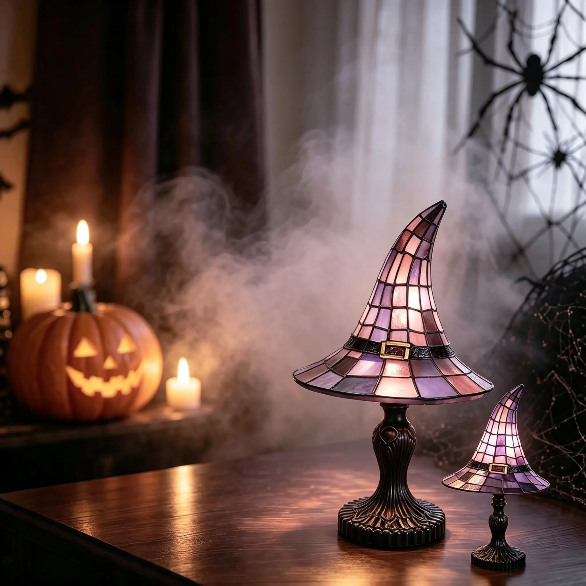Stained Glass Witch Hat Table Lamp, Large & Mini Size Halloween Tiffany Style Decor Light, Spooky Desk Night Light for Home Party Bedroom Ornament