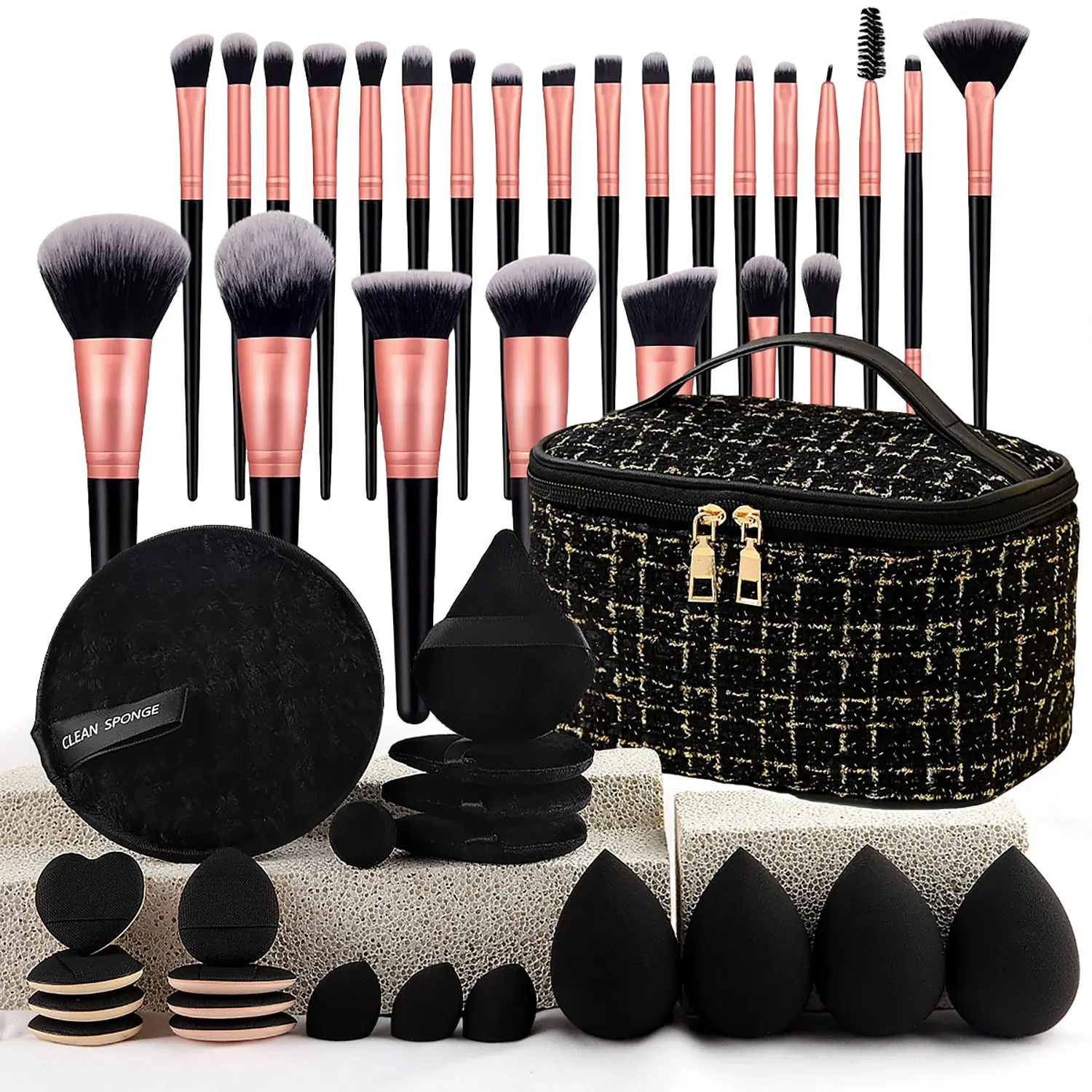 47 or 48Pcs Makeup Brush Set with Bag, Black Rose Gold Makeup Tools Kit, Makeup Brushes, Beauty Sponge, Powder Puff, Eyelash Curler, Brush Cleaning Pad & Tweed Cosmetic Pouch, Makeup Accessories for Women