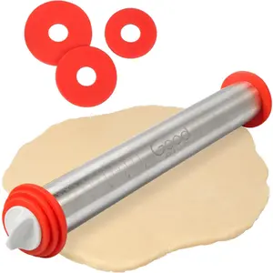 Good Cooking Adjustable XL Pastry Rolling Pin w/Thickness Rings- Stainless Steel French Dough Roller 17" Barrel- 3 Removable Pcs to Adjust Width- Durable & NonStick Baking Cooking Tool
