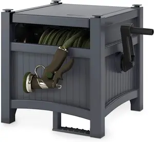 Garden Hose Hideaway Storage Reel Box, Cyberspace Grey – Resin Outdoor Container, Holds up to 100 Feet of 5/8 Inch Standard Vinyl Water Line – No Assembly Required