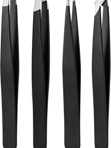 High Precision Stainless Steel Eyebrow Tweezers Set for Facial Hair Inward Growing Hair & Splinter Removal Kit 4-Piece Set Black US