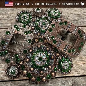 Copper Fern - Clear Crystal Conchos | Sizes 1"- 3" | Buckles | Saddle Set | Leather Rosettes | Slide