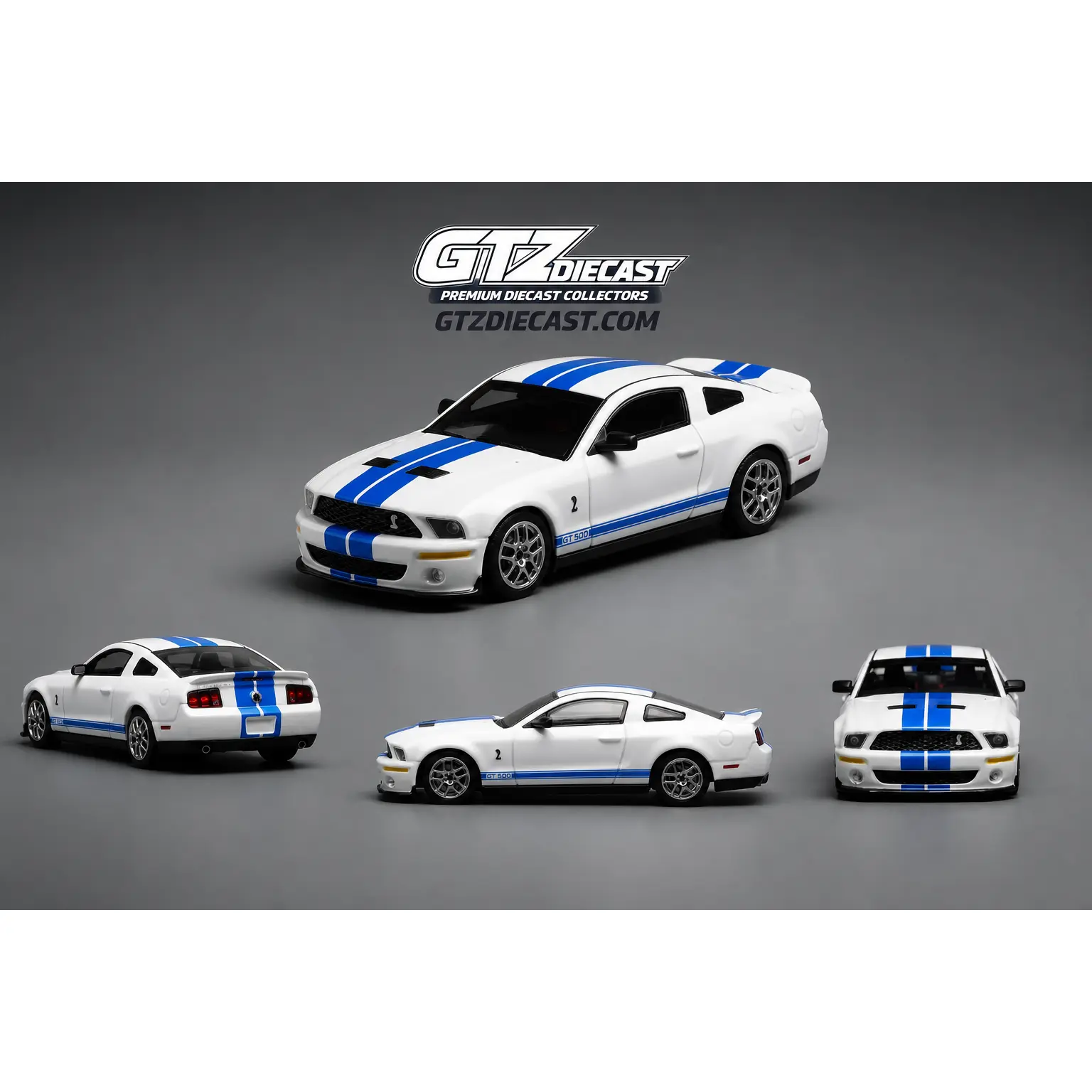 Ford Mustang Shelby GT500 2007 White with Blue Stripe GL-1251005C Motorhelix x Greenlight 1:64