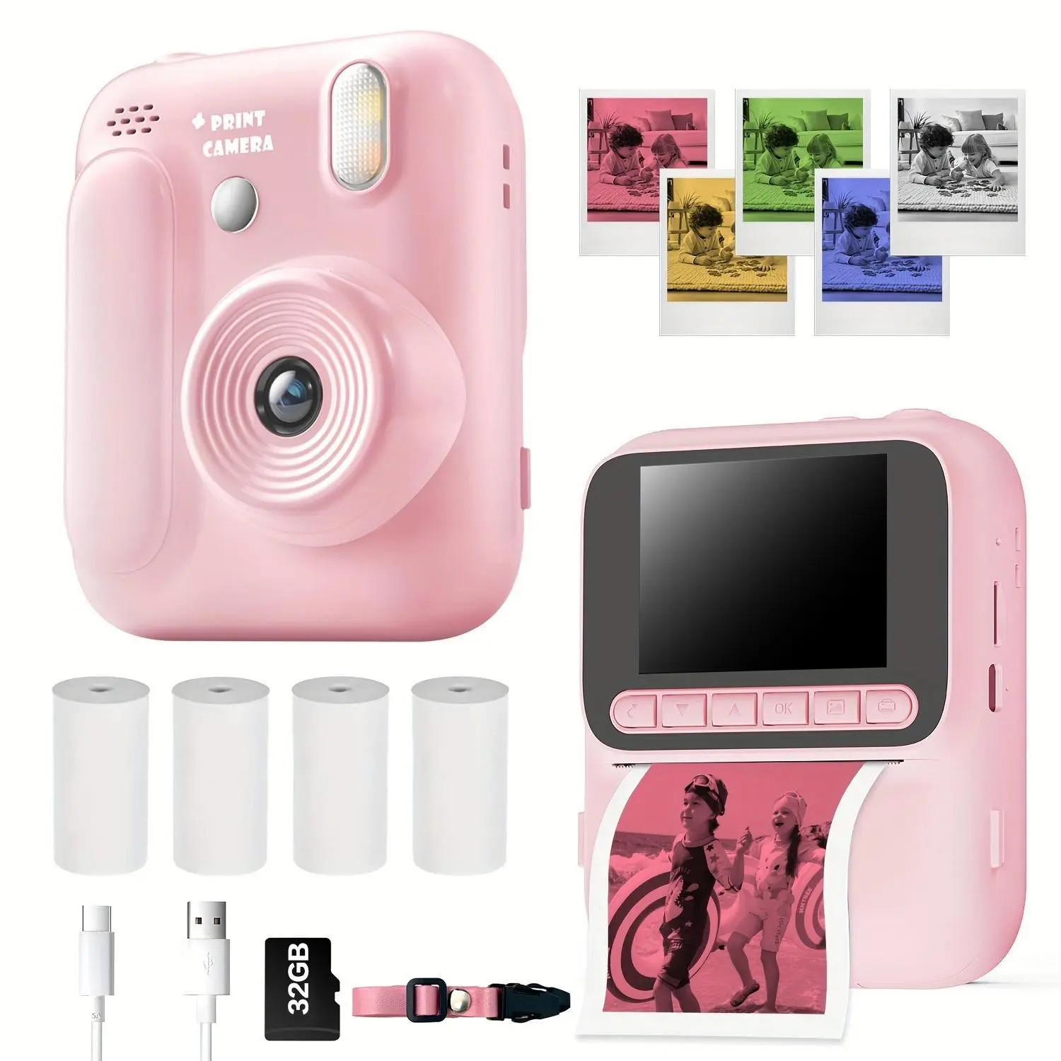 New Children Instant Mini Pocket Digital Camera Kid Camera Instant Print 1080P Video Resolution, Includes Multiple Color Papers, 32GB Memory Card & Reader, Instant Cameras That Print Photos Suitable for Kids & Teens