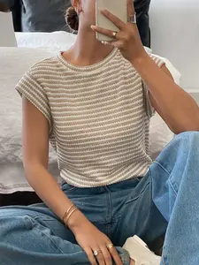 Spring Summer Vintage Round Neck Linen Pattern Short Sleeve Knit Sweater T-Shirt Top, Casual Fashion for Women, Comfortable and Stylish