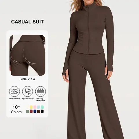 Women's 2-Piece Sports Sweat Suit - Full Zip Stand Collar Slim Long Sleeve Jacket, High Waist Above Ankle Flare Leg Yoga Pants, Butter Soft High Stretch Non-Sheer Breathable Gym Wear Outfit Set for Pilates, Casual Use