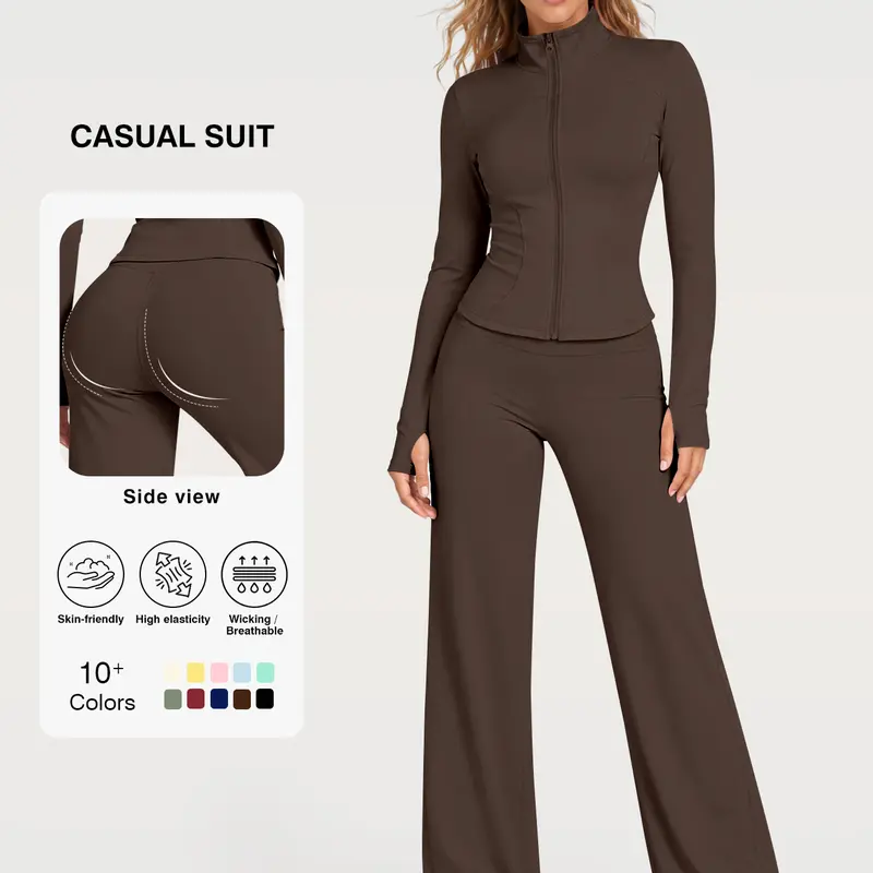 Women's 2-Piece Sports Sweat Suit - Full Zip Stand Collar Slim Long Sleeve Jacket, High Waist Above Ankle Flare Leg Yoga Pants, Butter Soft High Stretch Non-Sheer Breathable Gym Wear Outfit Set for Pilates, Casual Use