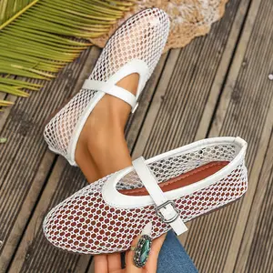 Womens Mesh Ballet Flats High Top with Adjustable Buckle Strap Breathable Fishnet Design Ballerina Shoes Fashion Mary Jane
