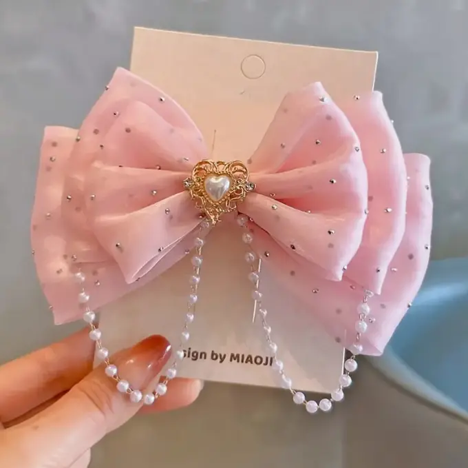 Chic 5.31" Bow Hair Clip with Faux Pearls & Rhinestones - Perfect for Everyday & Party Wear, Ideal Christmas Gift for Women and Girls, Cute Hair Clips, Three-dimensional, Diamond, Leisure