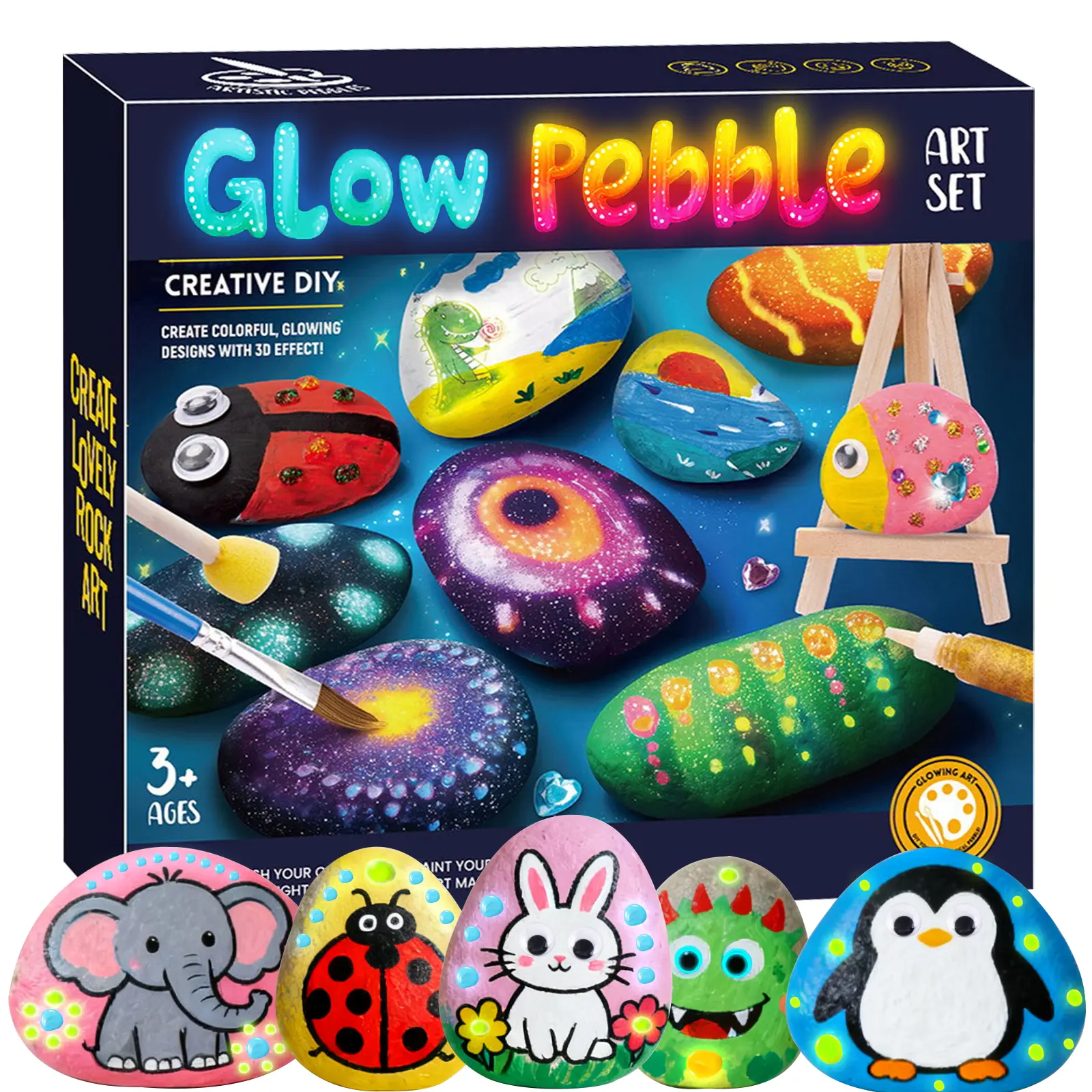Glow in the Dark Rock Painting Kit - 1 Set, 10 Glowing Rocks, 12 Standard Paints, 1 Color Palette, 10 Transfer Stickers, Glitter Glue, Luminous Pigments, 12 Googly Eyes, Unisex STEM Project, Kids' Sensory Fidget DIY Arts & Crafts Stress Relief Gift