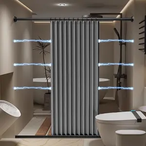 1pc Magnetic Adsorption Folding Shower Curtain, Dry and Wet Separation, Hotel and Bathroom Accessories, Easy to Install with Hooks, Durable Polyester Fiber, Modern City Design, Bathroom Decoration and Accessorie