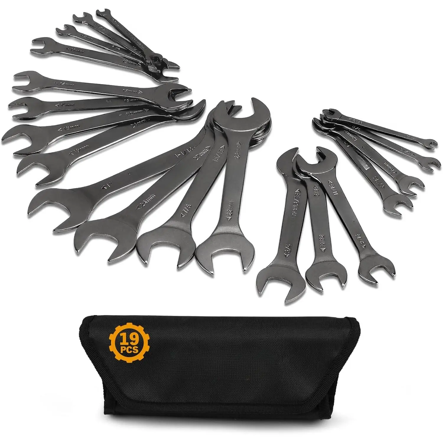 19-Piece Ultra-Thin Combination Ended Spanner Set - Open End Wrenches, SAE (Inches)/Metric (mm) Sizes, Chrome Vanadium (CR-V) Nickel Plated, Double-Sided, Corrosion Resistant, Roll-Up Pouch for Mechanics, DIY Maintenance, Bike Repairs