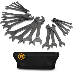 Super-Thin Open End Wrench Set |   19-Piece SAE & Metric Sizes |   CR-V Nickel Plated |   Ultra-Slim Design |   Corrosion-Resistant |   Durable Roll-Up Pouch for Mechanics